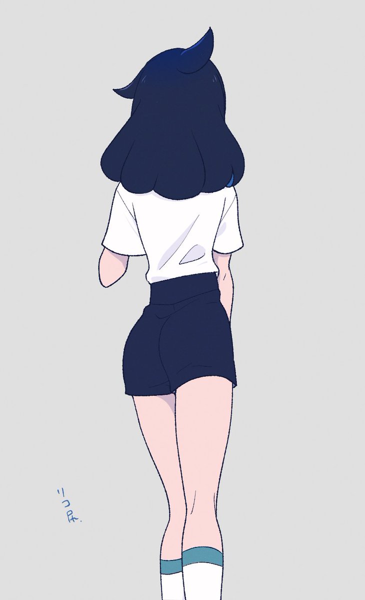 1girl, ass, black_hair, black_shorts, commentary, cowlick, from_behind, grey_background, high-waist_shorts, highres, kneepits, liko_(pokemon), long_hair, nintendo, pokemon, pokemon_(anime), pokemon_horizons, rei_hinketsu, shirt, short_sleeves, shorts, simple_background, socks, solo, t-shirt, translation_request, white_shirt, white_socks