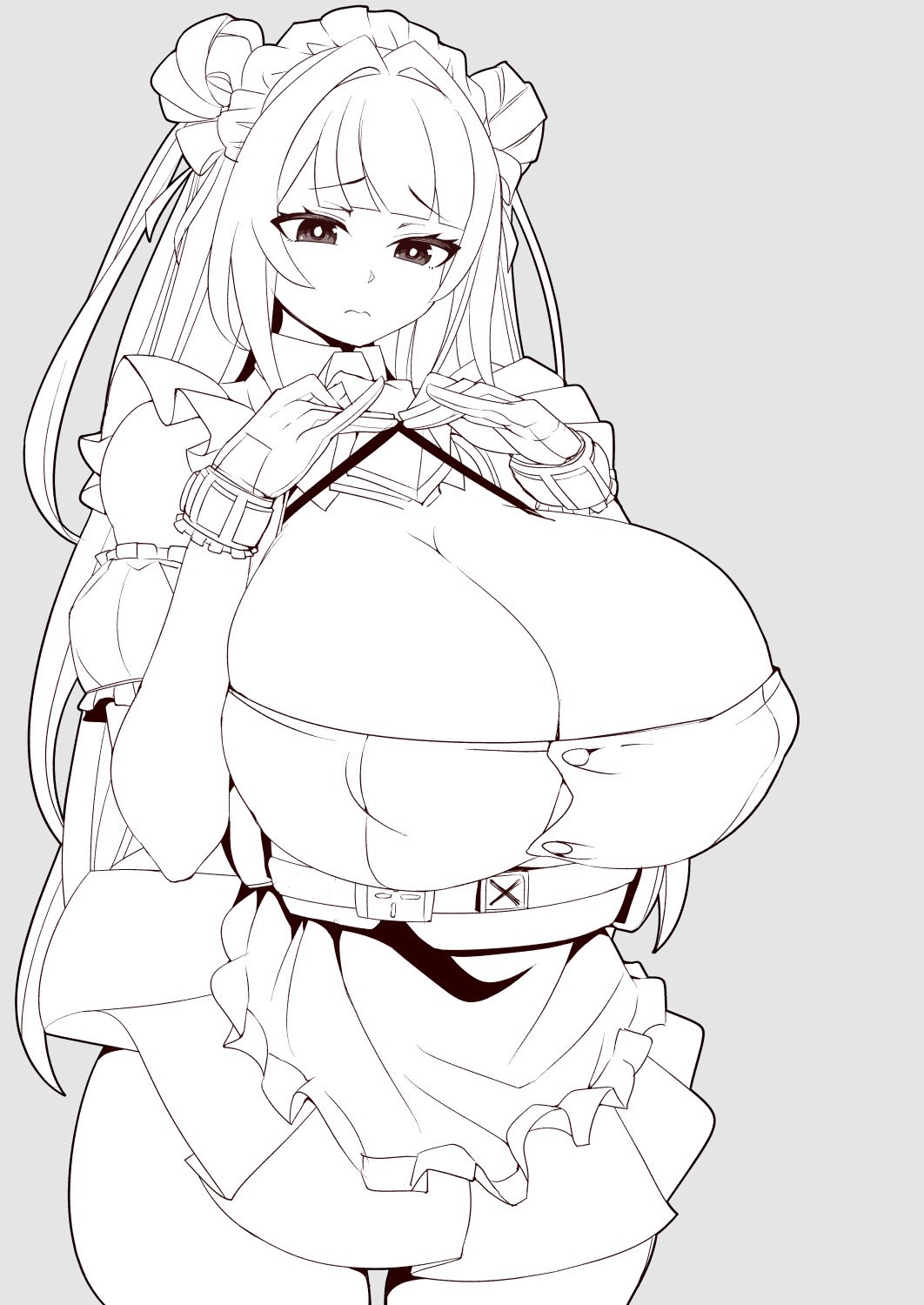 1girl, apron, arm_cuffs, ascot, breast_strap, breasts, button_gap, chest_harness