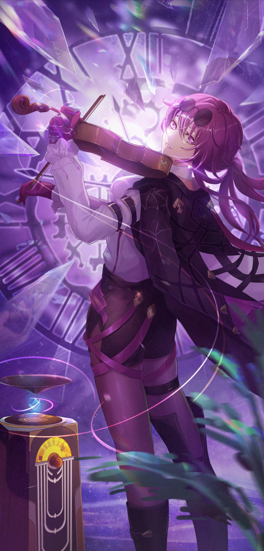1girl, absurdres, asymmetrical_footwear, black_boots, black_jacket, black_pantyhose, black_shorts, boots, bow_(music), eyewear_on_head, feet_out_of_frame, gloves, hair_between_eyes, highres, holding, holding_bow_(music), holding_instrument, holding_violin, honkai:_star_rail, honkai_(series), instrument, jacket, kafka_(honkai:_star_rail), lips, long_hair, long_sleeves, looking_at_viewer, looking_back, manyu_chapaofan, music, open_clothes, open_jacket, pantyhose, parted_lips, playing_instrument, ponytail, purple_eyes, purple_gloves, purple_hair, shirt, shorts, smile, solo, spider_web_print, sunglasses, violin, white_shirt