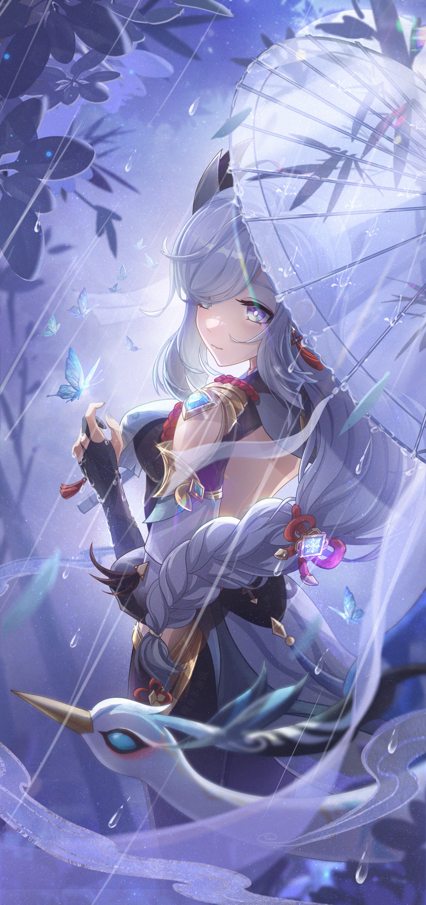 1girl, absurdres, backless_outfit, bird, black_gloves, blue_butterfly, bodystocking, braid