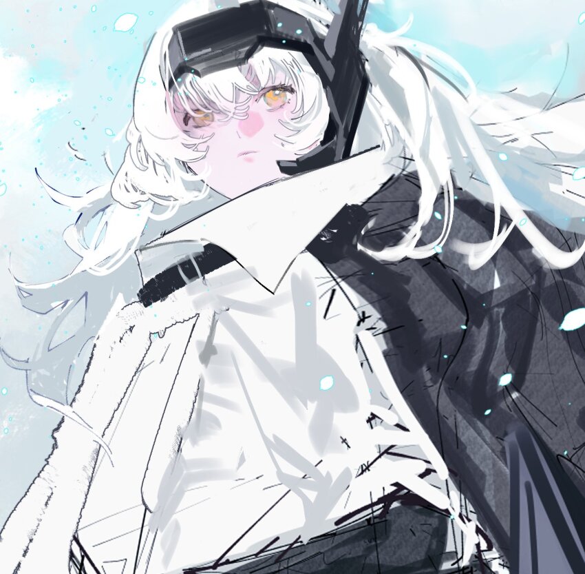 1girl, 1mayusibayu, cloak, closed_mouth, goddess_of_victory:_nikke, headgear, highres, long_hair, snow, snow_white_(nikke), solo, upper_body, visor_(armor), white_cloak, white_hair, yellow_eyes