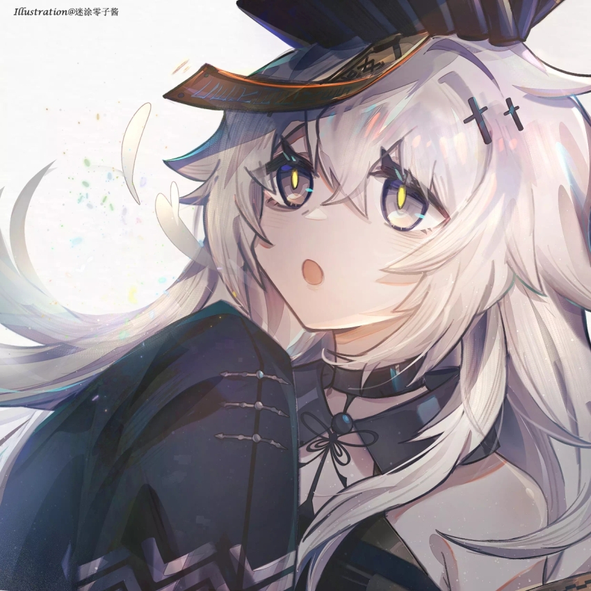 1girl, bare_shoulders, black_choker, black_sleeves, choker, cross_hair_ornament, detached_collar, grey_eyes