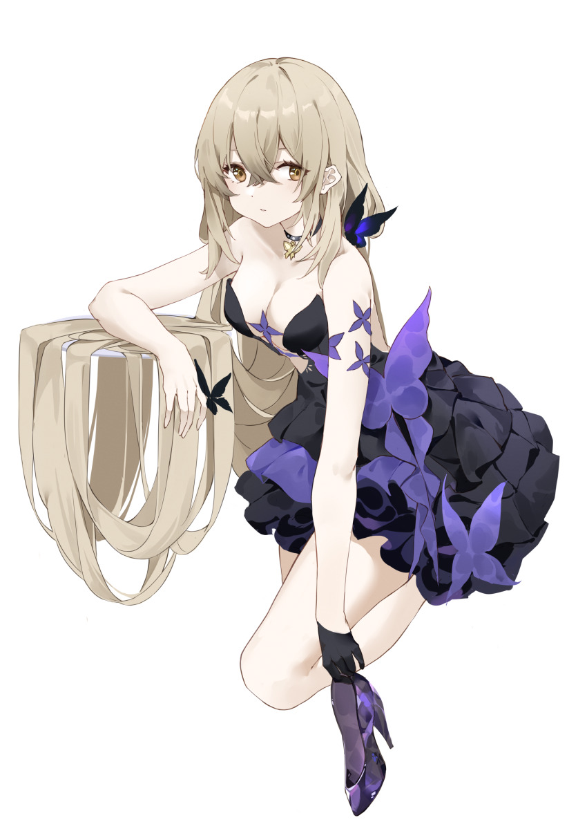 1girl, absurdres, alchemy_stars, areia_(alchemy_stars), areia_(night_to_remember)_(alchemy_stars), bare_shoulders, black_dress, black_gloves, breasts, brown_eyes, brown_hair, bug, butterfly, choker, cleavage, crossed_bangs, dress, gloves, hair_between_eyes, hair_spread_out, high_heels, highres, holding, holding_shoes, holding_unworn_clothes, insect, kirschma, layered_dress, light_brown_hair, long_hair, looking_at_viewer, parted_lips, shoes, short_dress, sidelocks, simple_background, single_glove, small_breasts, solo, strapless, strapless_dress, unworn_shoes, very_long_hair, white_background