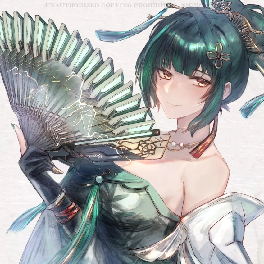 1girl, bare_shoulders, black_gloves, breasts, chinese_clothes, dress, gloves, green_dress, green_hair, hair_ornament, hairpin, hand_fan, hanying:_zitherwoe_(pgr), hanying_(pgr), highres, jewelry, large_breasts, looking_at_viewer, mt0z, nail_polish, punishing:_gray_raven