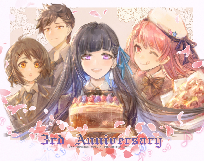 1boy, 3girls, anniversary, ayla:_kaleido_(pgr), ayla_(pgr), black_dress, black_hair, blue_hair