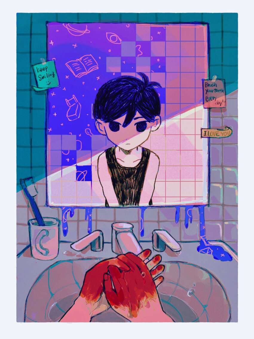 1boy, bathroom, black_hair, blood, blood_on_hands, closed_mouth, coffee_mug, colored_skin