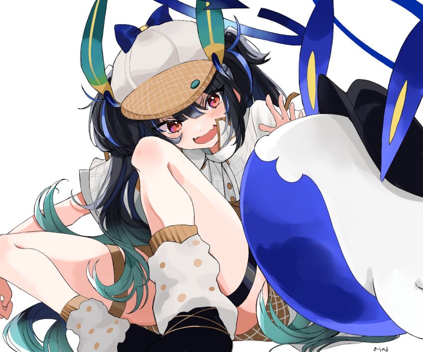 1girl, alchemy_stars, black_footwear, black_hair, blush, capelet, deerstalker, fangs