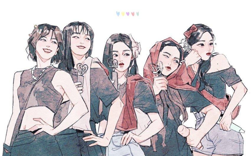 5girls, black_eyes, black_hair, black_shirt, blue_pants, cropped_shirt, denim, grey_shirt