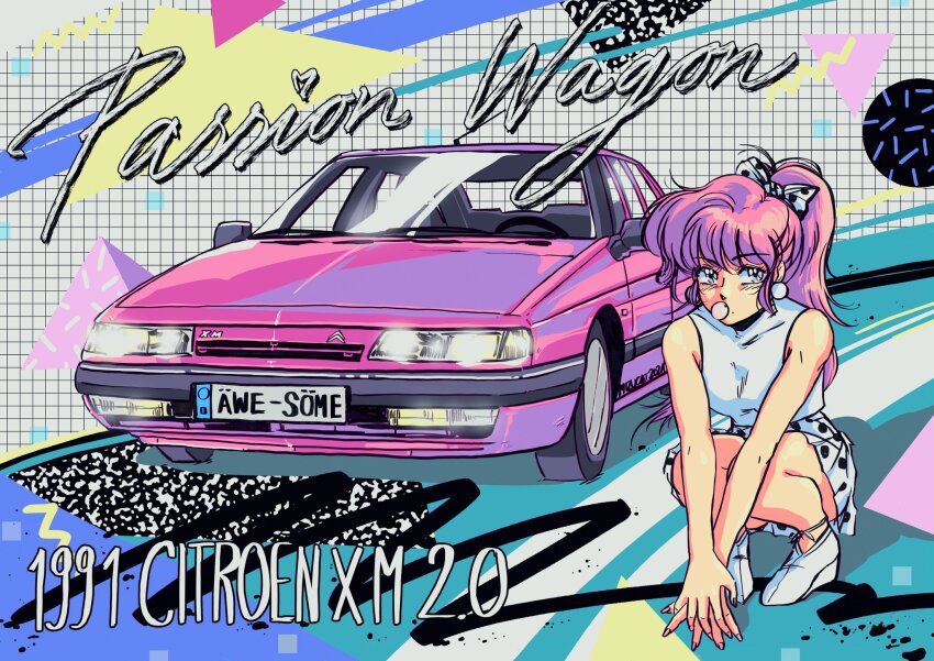 1980s_(style), 1girl, blue_eyes, bow, breasts, car, chewing_gum, citroen