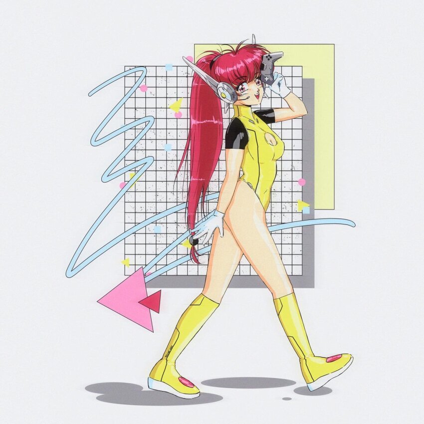 1980s_(style), 1girl, boots, breasts, cleavage, cleavage_cutout, clothing_cutout, commentary, controller, earpiece, english_commentary, from_side, g4l_gaming_expo-festival, gigi_(g4l), grey_background, highres, holding, holding_controller, leotard, long_hair, medium_breasts, mizucat, oldschool, open_hand, open_mouth, ponytail, red_eyes, red_hair, retro_artstyle, robot_ears, shadow, smile, solo, very_long_hair, walking, yellow_boots, yellow_leotard