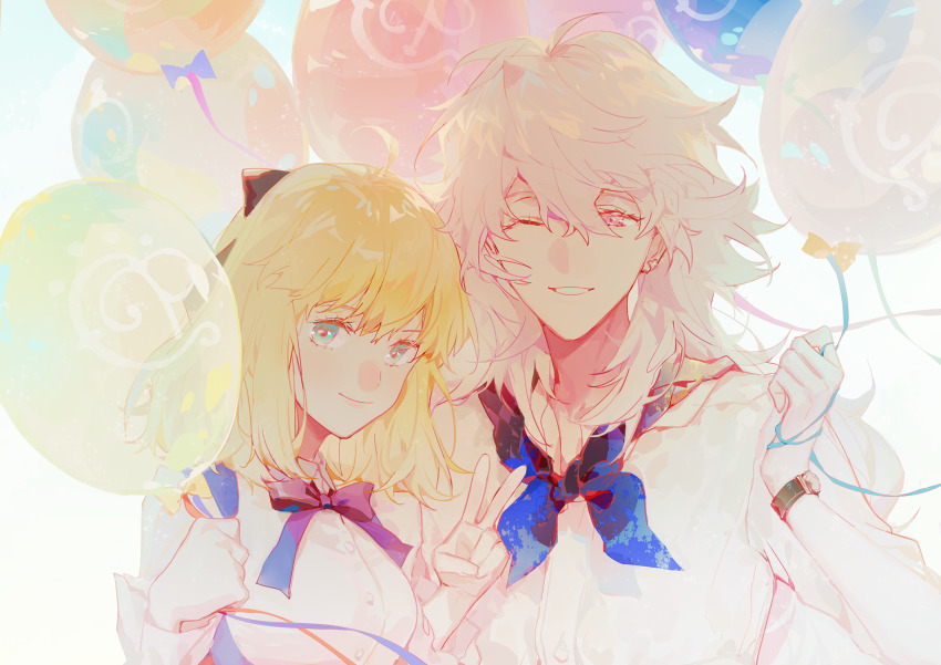 1boy, 1girl, ahoge, argon_(caocaocaocaocao), artoria_pendragon_(fate), balloon, black_bow, blonde_hair, blue_eyes, bow, bowtie, fate/grand_order, fate_(series), hair_between_eyes, highres, holding, holding_balloon, long_hair, looking_at_viewer, medium_hair, merlin_(fate), merlin_(under_the_same_sky)_(fate), purple_bow, purple_bowtie, purple_eyes, saber_(fate), shirt, smile, upper_body, watch, white_background, white_hair, white_shirt, wristwatch