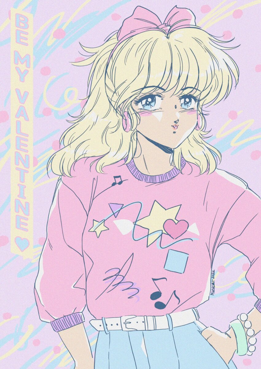 1980s_(style), 1girl, blonde_hair, blue_eyes, blue_skirt, blush, bow, bracelet