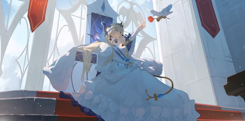 11173, 1girl, absurdres, alchemy_stars, banner, bethlehem_(alchemy_stars), bird, blonde_hair