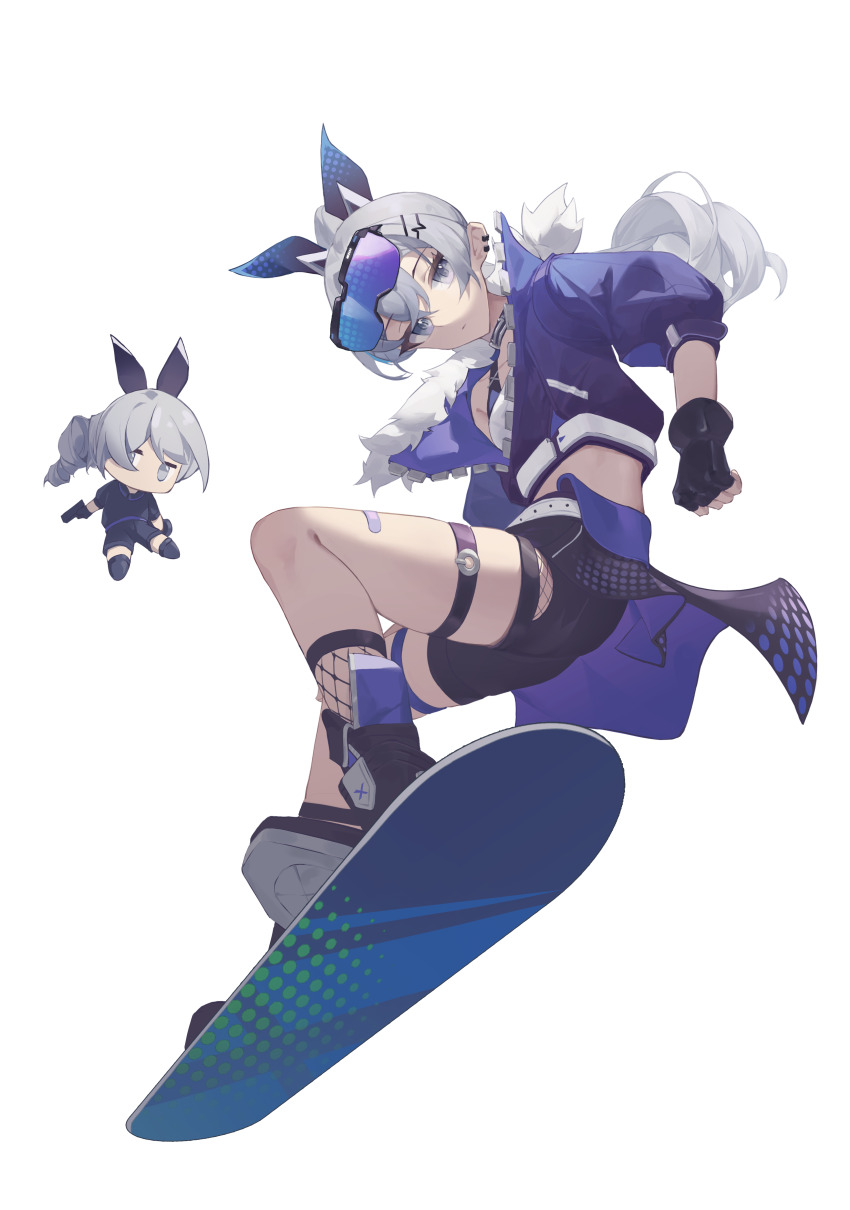 11173, 2girls, absurdres, bandaid, bandaid_on_leg, belt, black_footwear, black_gloves, black_shorts, boots, bow, breasts, clenched_hand, closed_mouth, collar, crop_top, cropped_jacket, ear_piercing, eyewear_on_head, fingerless_gloves, fishnet_socks, fishnets, fur-trimmed_jacket, fur_trim, gloves, goggles, grey_eyes, grey_hair, hair_bow, hair_ornament, hairclip, highres, honkai:_star_rail, honkai_(series), jacket, long_hair, looking_at_viewer, midriff, mini_person, minigirl, multiple_girls, piercing, ponytail, purple_jacket, shorts, silver_wolf_(honkai:_star_rail), simple_background, small_breasts, snowboard, socks, tank_top, thigh_strap, white_background