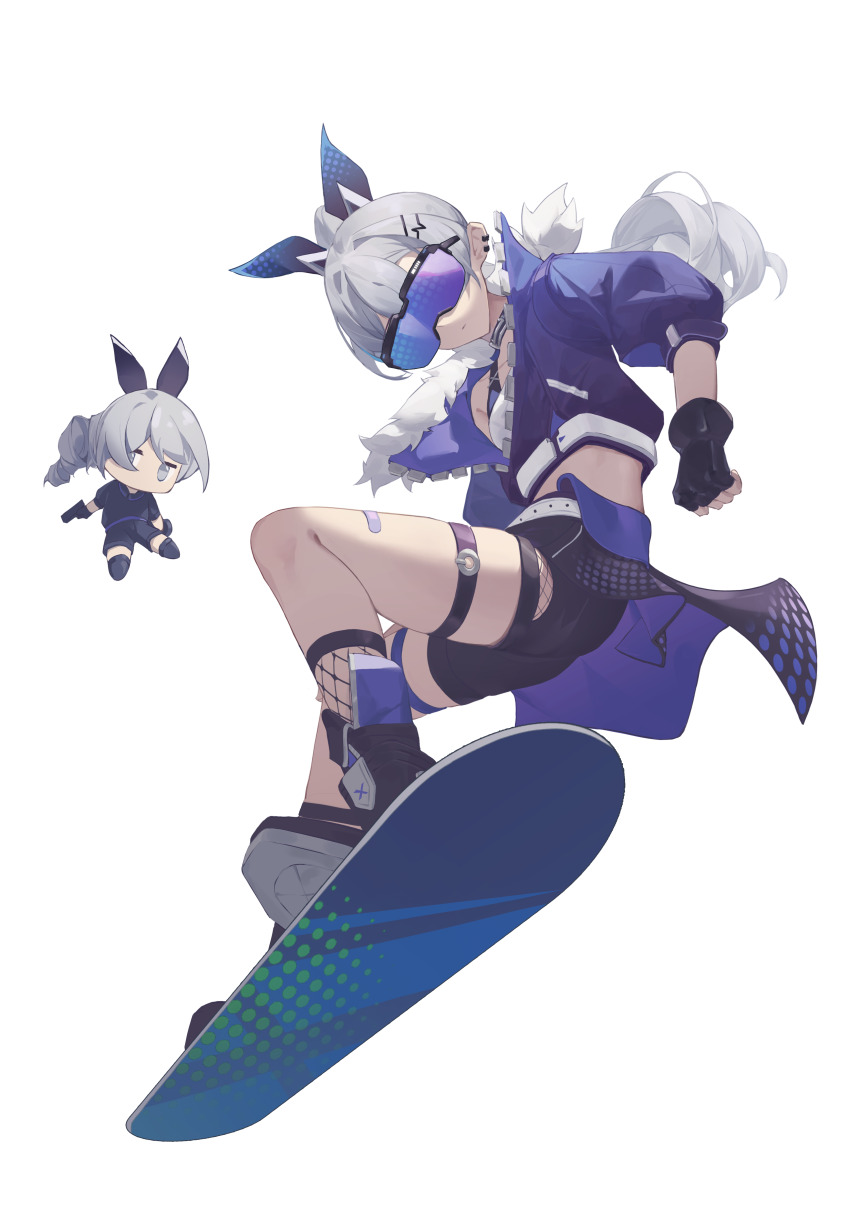 11173, 2girls, absurdres, bandaid, bandaid_on_leg, belt, black_footwear, black_gloves, black_shorts, boots, bow, breasts, clenched_hand, closed_mouth, collar, covered_eyes, crop_top, cropped_jacket, ear_piercing, facing_viewer, fingerless_gloves, fishnet_socks, fishnets, fur-trimmed_jacket, fur_trim, gloves, goggles, grey_hair, hair_bow, hair_ornament, hairclip, highres, honkai:_star_rail, honkai_(series), jacket, long_hair, midriff, mini_person, minigirl, multiple_girls, piercing, ponytail, purple_jacket, shorts, silver_wolf_(honkai:_star_rail), simple_background, small_breasts, snowboard, socks, tank_top, thigh_strap, white_background