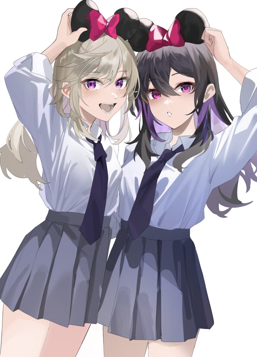 2girls, absurdres, animal_ears, black_hair, blonde_hair, collared_shirt, colored_inner_hair, commentary