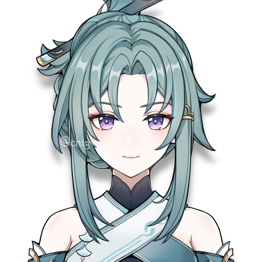 1girl, blush, genshin_impact, green_hair, hair_bun, hair_ornament, hair_stick, highres