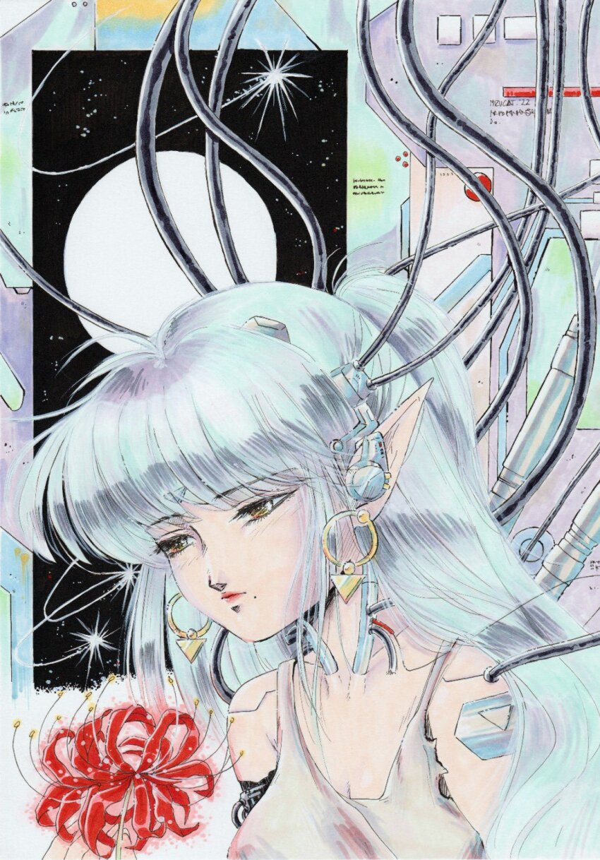 1980s_(style), 1girl, android, blue_hair, breasts, brown_eyes, cable, cleavage, collarbone, commentary, earrings, english_commentary, flower, frown, grey_tank_top, hair_behind_ear, half-closed_eyes, highres, holding, holding_flower, jewelry, long_hair, marker_(medium), medium_breasts, mizucat, mole, mole_under_mouth, moon, oldschool, original, pointy_ears, portrait, red_flower, retro_artstyle, science_fiction, solo, spider_lily, star_(sky), tank_top, traditional_media
