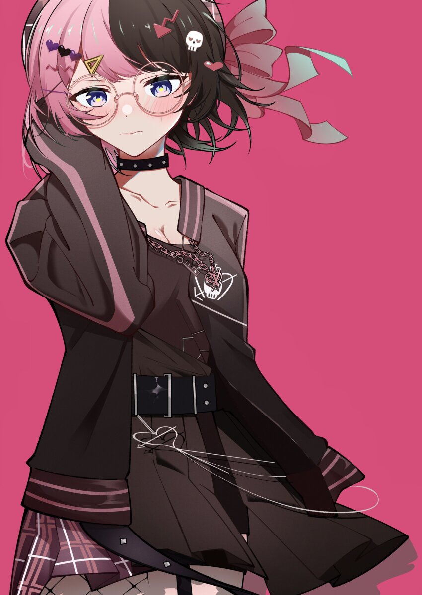 1girl, absurdres, belt, black_choker, black_hair, black_jacket, black_skirt, blue_eyes