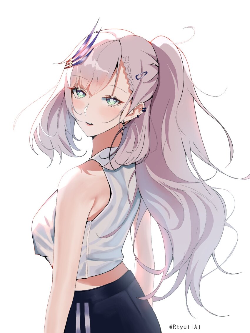 1girl, black_pants, braid, cowboy_shot, feather_hair_ornament, feathers, from_behind, green_eyes