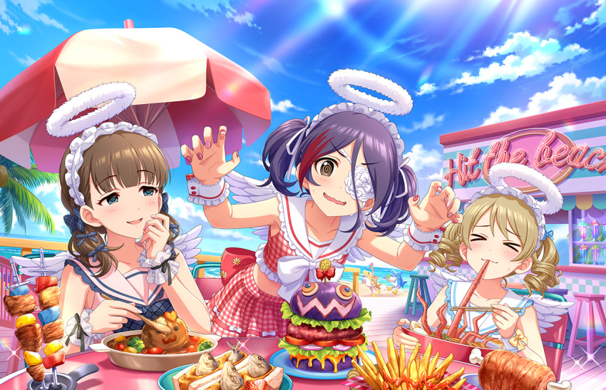 >_<, 3girls, @_@, angel_wings, blue_sky, blush, boned_meat, burger, chopsticks, collar, collarbone, cropped_shirt, eating, fake_halo, fake_wings, fingernails, flower_eyepatch, food, french_fries, frilled_collar, frilled_hairband, frills, fur_halo, hairband, halo, hamburger_steak, hayasaka_mirei, holding, holding_chopsticks, holding_spoon, idolmaster, idolmaster_cinderella_girls, idolmaster_cinderella_girls_starlight_stage, light_rays, looking_at_another, looking_at_viewer, meat, morikubo_nono, multiple_girls, nail_polish, octopus, official_art, outdoors, parasol, paw_pose, people, sailor_collar, sakuma_mayu, shirt, skewer, sky, sleeveless, sleeveless_shirt, smile, spoon, sunlight, sweatdrop, twintails, umbrella, under_the_desk_(idolmaster), wavy_mouth, white_wings, wings, wrist_cuffs
