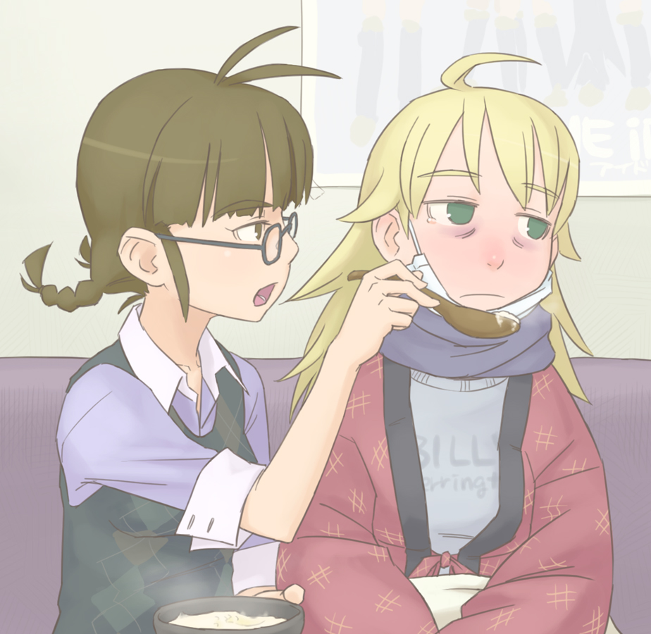 2girls, akizuki_ritsuko, blush, bowl, ebinera, feeding, hoshii_miki, idolmaster