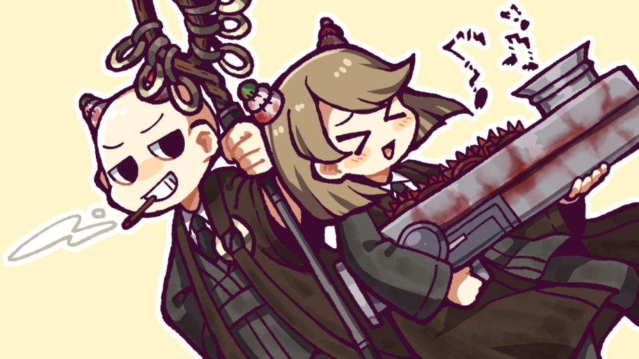 >_<, 1boy, 1girl, amrita_(e.g.o), bald, black_eyes, black_necktie, blood