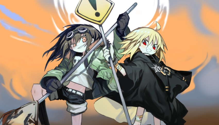 2girls, abstract_background, ahoge, bandaged_arm, bandages, black_cloak, black_gloves, black_hair