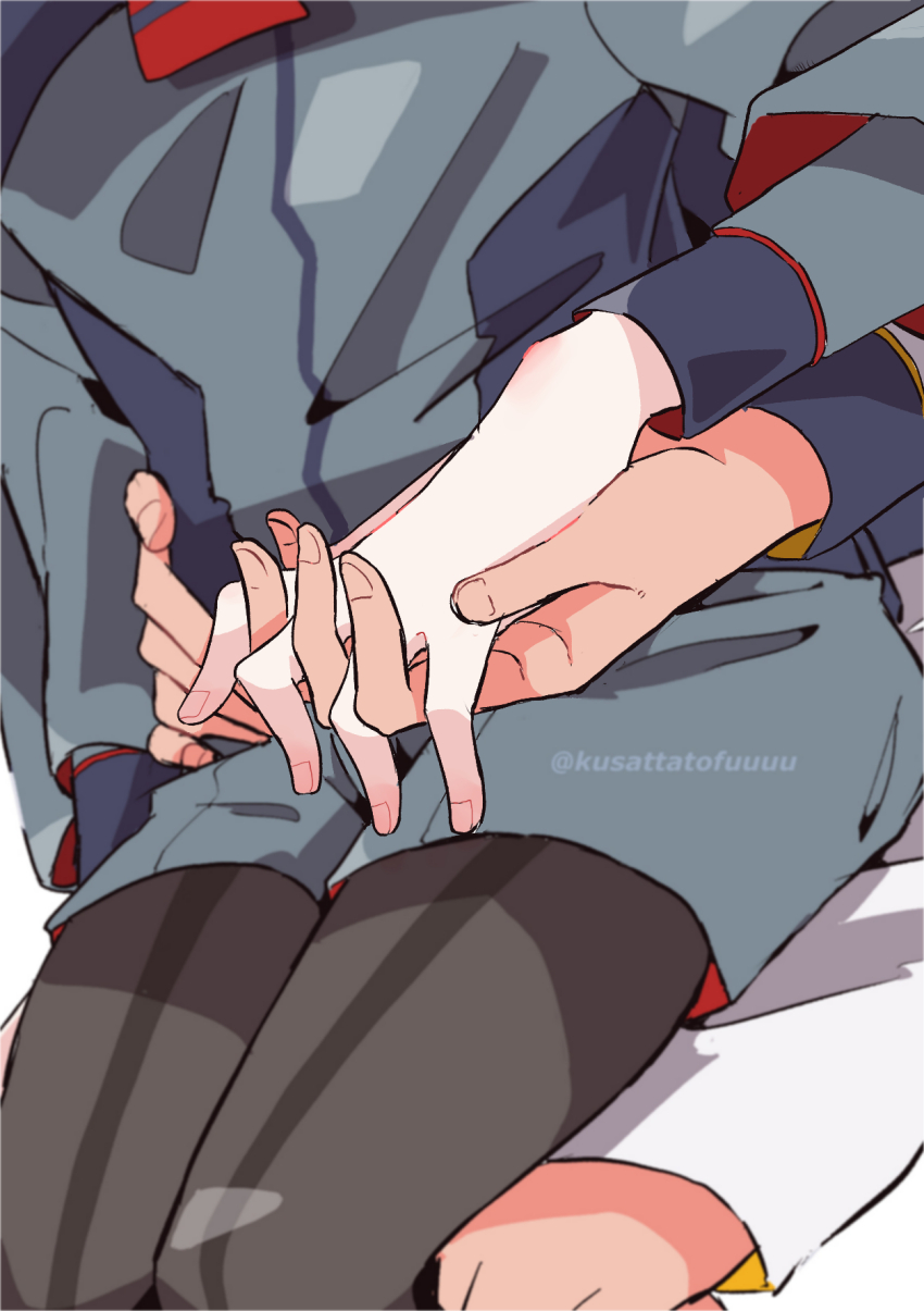 2girls, asticassia_school_uniform, commentary_request, dark-skinned_female, dark_skin, front-seamed_legwear, gundam, gundam_suisei_no_majo, hand_focus, highres, holding_hands, interlocked_fingers, kusattatofu, long_sleeves, miorine_rembran, multiple_girls, pantyhose, pantyhose_under_shorts, school_uniform, seamed_legwear, shorts, sitting, sitting_on_lap, sitting_on_person, suletta_mercury, twitter_username, yuri