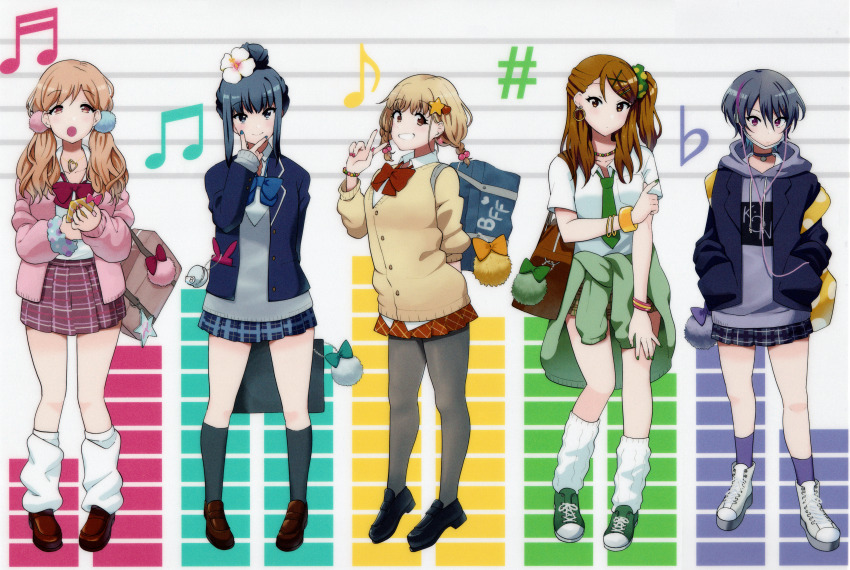 5girls, absurdres, audio_visualizer, backpack, bag, bag_charm, black_footwear, black_hair