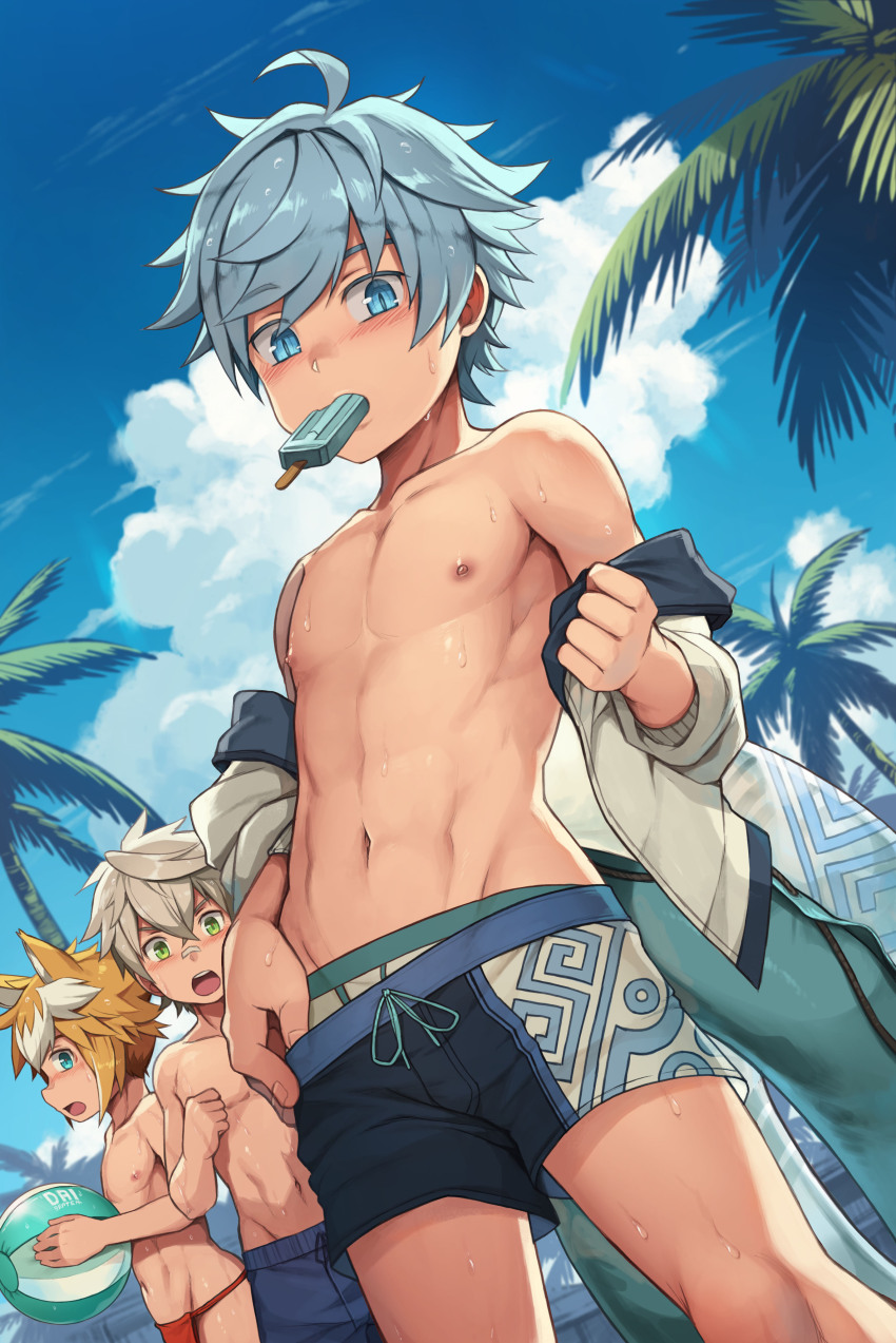3boys, absurdres, ahoge, ball, beachball, bennett_(genshin_impact), blue_eyes, blue_hair, blue_male_swimwear, blue_sky, blue_swim_trunks, chongyun_(genshin_impact), cloud, cloudy_sky, commentary_request, cowboy_shot, daikung, drawstring, food, from_below, fundoshi, genshin_impact, gorou_(genshin_impact), highres, japanese_clothes, looking_at_viewer, looking_down, male_focus, male_swimwear, male_underwear, male_underwear_peek, mouth_hold, multiple_boys, muscular, muscular_child, outdoors, palm_tree, popsicle, print_male_swimwear, print_swim_trunks, print_swimsuit, red_male_swimwear, shota, sky, sweat, swim_trunks, swimsuit, swimsuit_over_clothes, topless_male, tree, underwear, underwear_peek, undressing, white_male_underwear