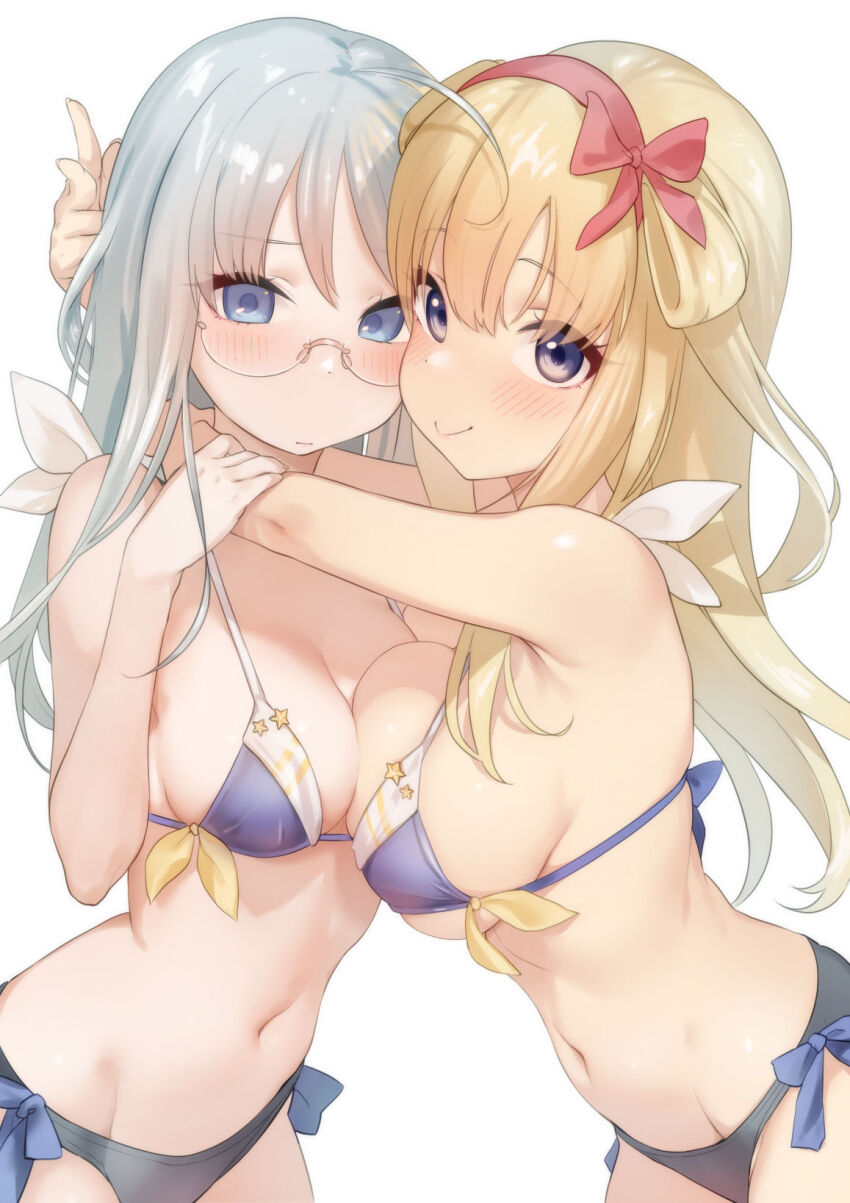 2girls, ahoge, alternate_costume, arm_around_another's_waist, asymmetrical_docking, bikini, blonde_hair, blue_bikini, blue_eyes, blush, breast_press, breasts, cleavage, double_bun, fletcher_(kancolle), glasses, grey_hair, hair_bun, hair_ornament, hairband, heywood_l._edwards_(kancolle), highres, hug, kantai_collection, large_breasts, long_hair, looking_at_viewer, medium_breasts, multicolored_bikini, multiple_girls, navel, purple_eyes, red_hairband, ribbon-trimmed_hairband, sakiecho, smile, stomach, swimsuit, two-tone_bikini, white_background, white_bikini