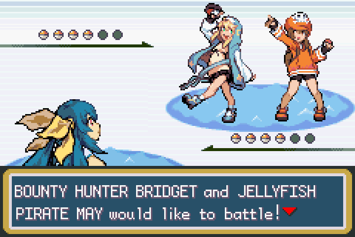 1boy, 2girls, blonde_hair, blue_hair, bridget_(guilty_gear), crossover, dizzy_(guilty_gear), english_text