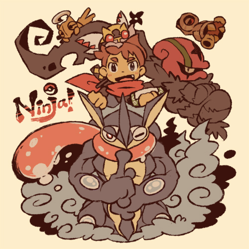 1boy, accelgor, beldum, blush, bow-wow, brown_hair, character_name, cloud