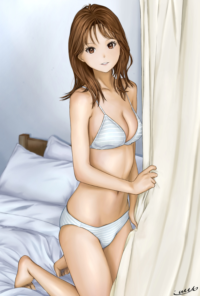 1girl, artist_name, barefoot, bed, blurry, blurry_background, bra, breasts
