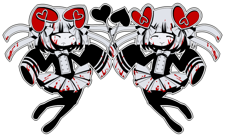 2girls, :>, :<, blood, blood_on_clothes, blood_on_face, blunt_bangs, bow