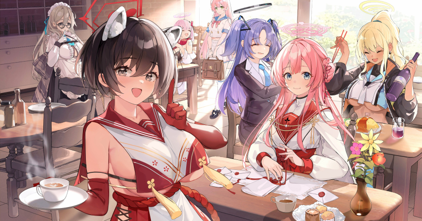 6+girls, :d, absurdres, ahoge, akane_(blue_archive), animal_ears, apron, armband, bag, bandaid, bandaid_on_shoulder, bare_shoulders, between_breasts, bikini, black_bikini, black_eyes, black_footwear, black_hair, black_jacket, black_skirt, blonde_hair, blue_archive, blue_eyes, blue_necktie, blue_sailor_collar, blush, bottle, bow, bowtie, braid, braided_bun, single_breast_curtain, breasts, brown_eyes, brown_hair, brown_shawl, bun_with_braided_base, cafe, cape, chair, chopsticks, cleavage, closed_eyes, closed_mouth, clothing_cutout, coffee, collarbone, commentary_request, crop_top, crop_top_overhang, cup, cupcake, dark-skinned_female, dark_skin, day, disposable_cup, eimi_(blue_archive), elbow_gloves, envelope, food, frilled_apron, frills, glasses, gloves, grape_juice, green_eyes, hair_between_eyes, hair_bun, hair_ornament, halo, hanako_(blue_archive), hand_up, headphones, headphones_around_neck, highres, hip_vent, holding, holding_bottle, holding_chopsticks, holding_plate, index_finger_raised, indoors, jacket, juice, ketchup, kneehighs, large_breasts, long_hair, long_skirt, long_sleeves, looking_at_viewer, maid_apron, maid_headdress, mary_janes, medium_breasts, mimori_(blue_archive), mini_flag, miniskirt, multiple_girls, necktie, necktie_between_breasts, omelet, omurice, open_clothes, open_jacket, open_mouth, parted_bangs, pink_bow, pink_bowtie, pink_hair, plaid_clothes, plaid_shawl, plate, pleated_skirt, ponytail, purple_hair, raccoon_ears, red_gloves, red_necktie, red_sailor_collar, red_skirt, redrawn, ribbon, rope, rope_belt, sailor_collar, school_bag, school_uniform, serafuku, shadow, shawl, shimenawa, shinon_(blue_archive), shirt, shoes, short_hair, side_braid, sideboob, sideless_outfit, sidelocks, single_braid, single_side_bun, sitting, skirt, smile, socks, standing, swimsuit, table, tassel, teacup, tsubaki_(blue_archive), two_side_up, underboob, undershirt, white_cape, white_gloves, white_serafuku, white_shirt, white_skirt, white_socks, wrist_ribbon, yokii, yuuka_(blue_archive), zipper, zipper_bikini, zipper_pull_tab