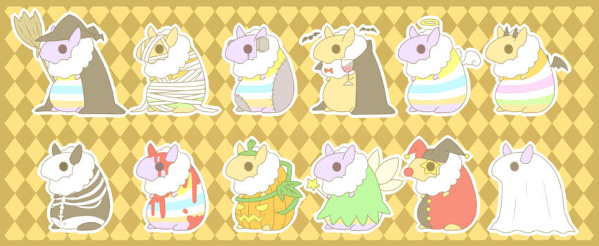 angel_wings, baku_(creature), bandages, bat_(animal), bemani, black_cloak, black_eyes, black_wings, bolt_(hardware), bow, bowtie, broom, cloak, cup, demon_wings, dress, drinking_glass, fairy_wings, fake_blood, ghost_costume, green_dress, halo, hat, highres, holding, holding_broom, holding_cup, holding_wand, horns, jester, jester_cap, mothernatu, mummy_costume, no_humans, paku_(pop'n_music), patchwork_skin, pop'n_music, pumpkin_costume, red_bow, red_bowtie, skeleton_costume, solid_circle_eyes, star_(symbol), stitched_face, stitches, tapir, wand, white_wings, wine_glass, wings, witch_hat