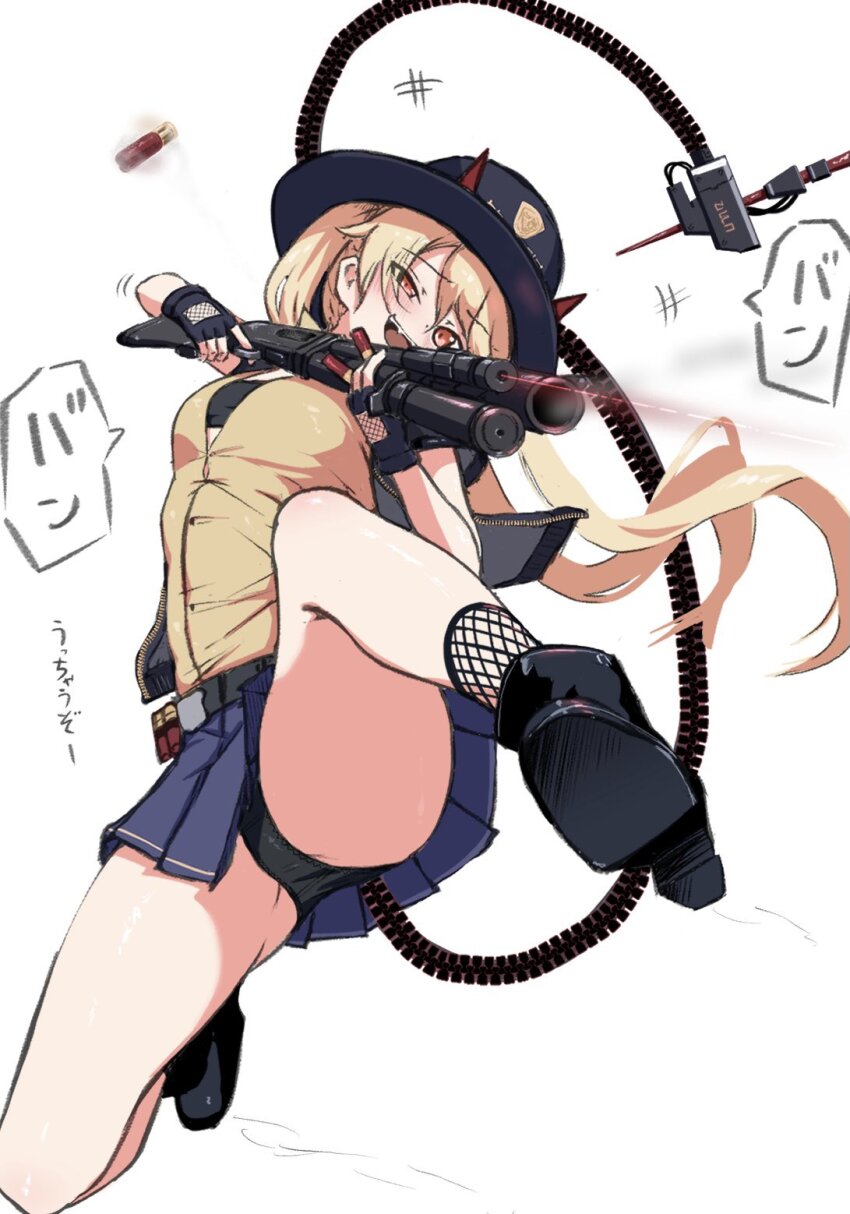 1girl, ammunition, black_boots, black_gloves, black_hat, black_panties, blonde_hair, blue_skirt