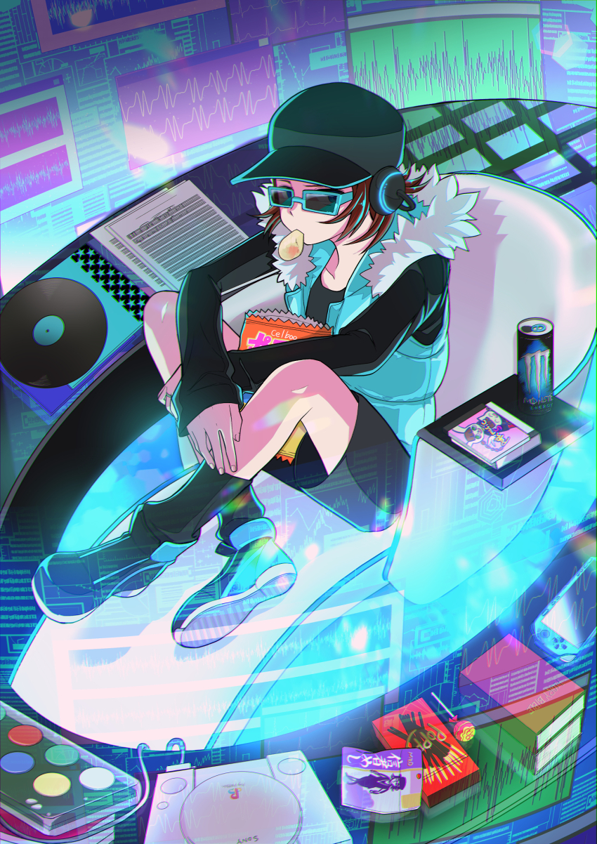 1boy, bag_of_chips, bemani, bible_(object), black_headwear, black_shirt, black_shorts, black_socks