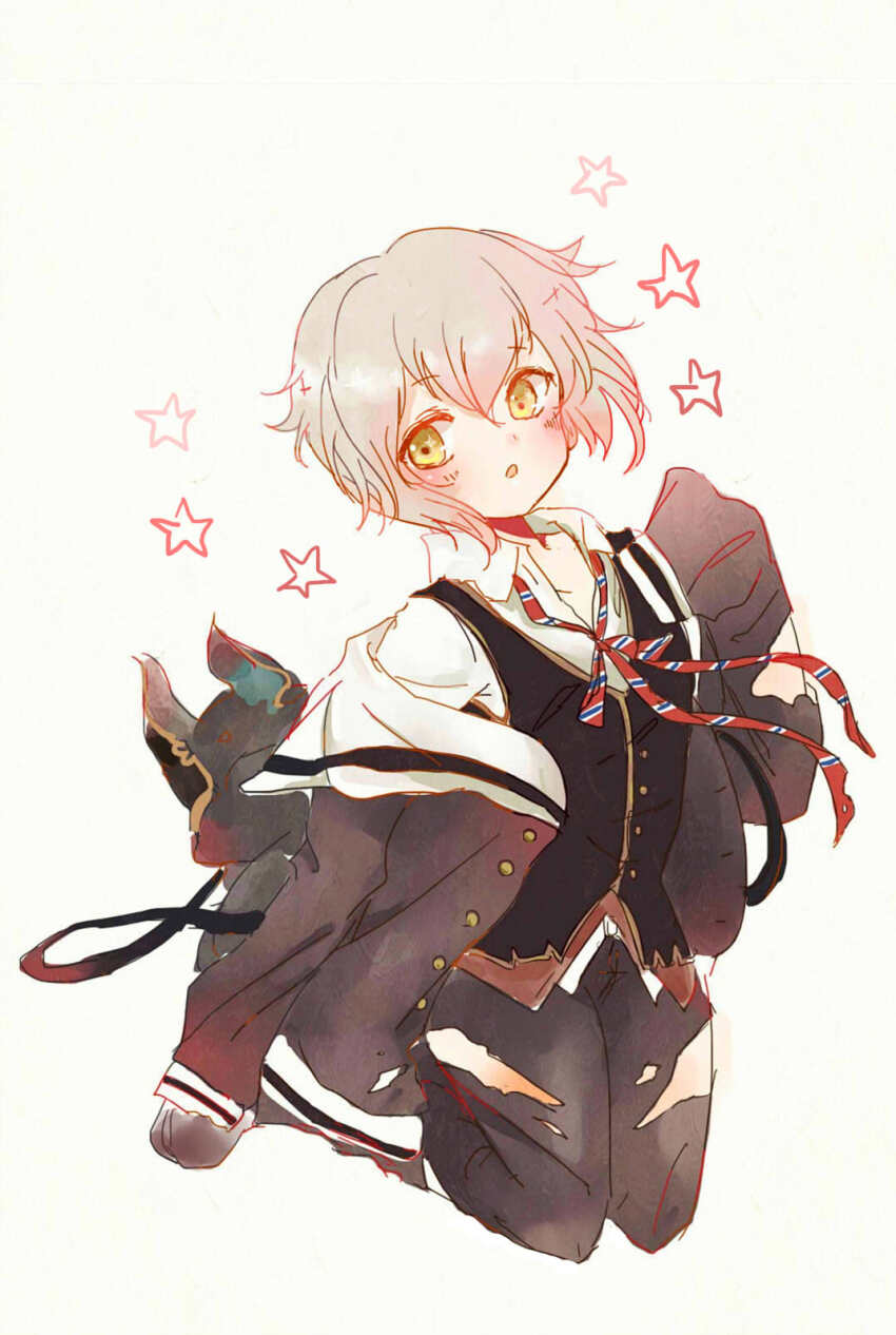 1boy, black_vest, blue_ribbon, blush, brown_trim, buttons, collarbone, collared_shirt