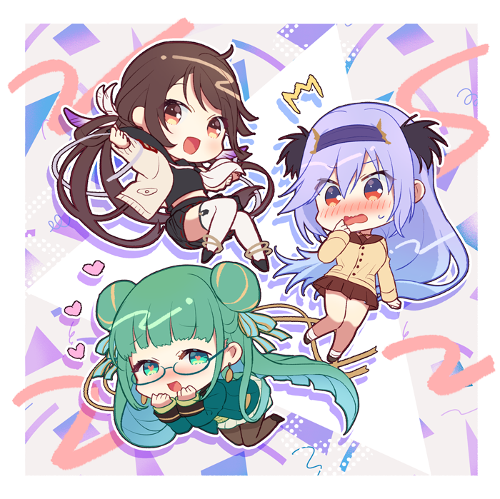 3girls, ^^^, anklet, bandages, black_pantyhose, black_serafuku, black_shirt, blazer