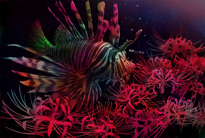 absurdres, animal_focus, black_background, bubble, fish, fish_request, flower, highres