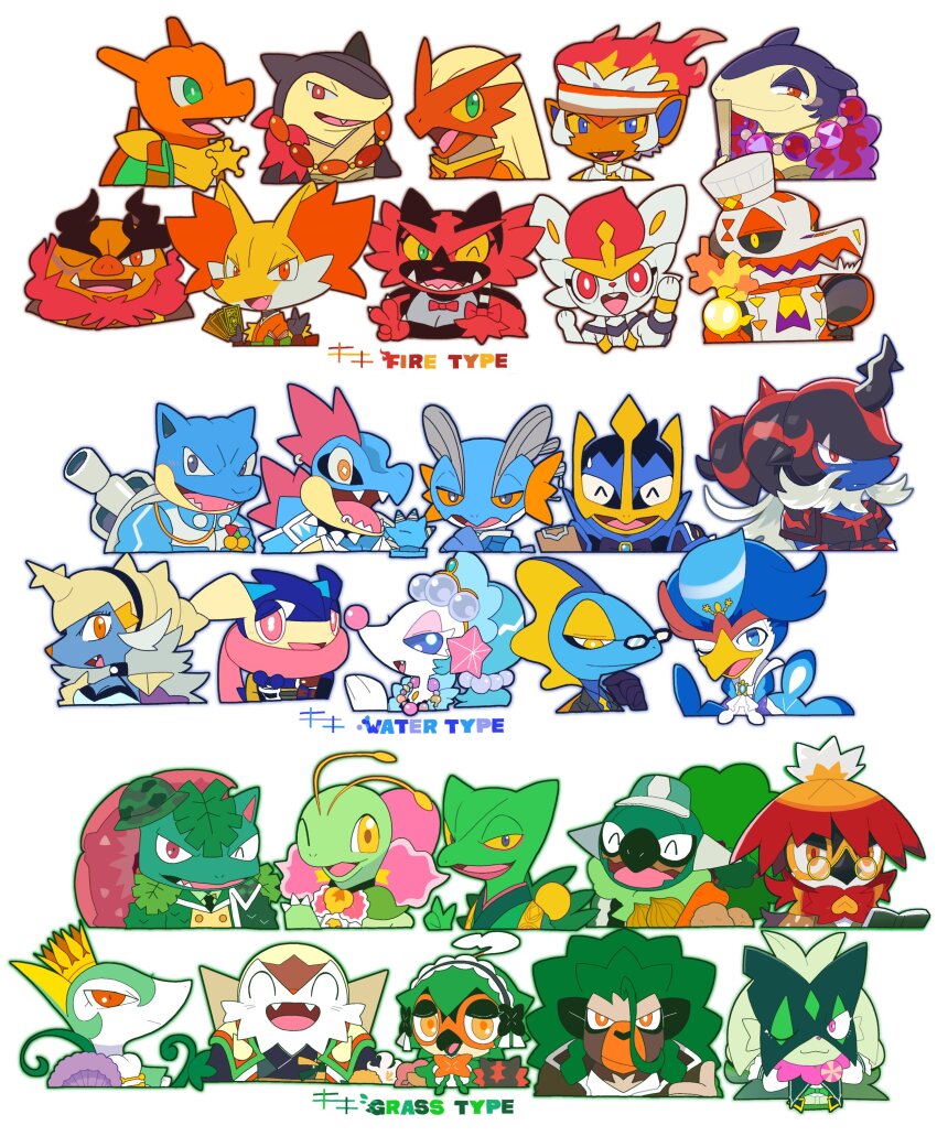 :3, absurdres, animal_focus, antennae, beak, blastoise, blaziken, charizard, chesnaught, claws, clothed_pokemon, decidueye, delphox, emboar, empoleon, english_text, everyone, facial_hair, feraligatr, gen_1_pokemon, gen_2_pokemon, gen_3_pokemon, gen_4_pokemon, gen_5_pokemon, gen_6_pokemon, gen_7_pokemon, gen_8_pokemon, glasses, greninja, headband, highres, hisuian_decidueye, hisuian_samurott, hisuian_typhlosion, horns, incineroar, infernape, inteleon, kiki_(431642), meganium, meowscarada, mustache, nintendo, open_mouth, pokemon, pokemon_(creature), primarina, quaquaval, rillaboom, samurott, sceptile, serperior, sharp_teeth, single_horn, skeledirge, smile, starter_pokemon_trio, swampert, teeth, torterra, typhlosion, venusaur