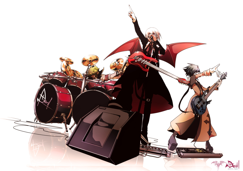 3boys, air+, amplifier, ash_(pop'n_music), band_(music), bandages, bat_wings, bemani