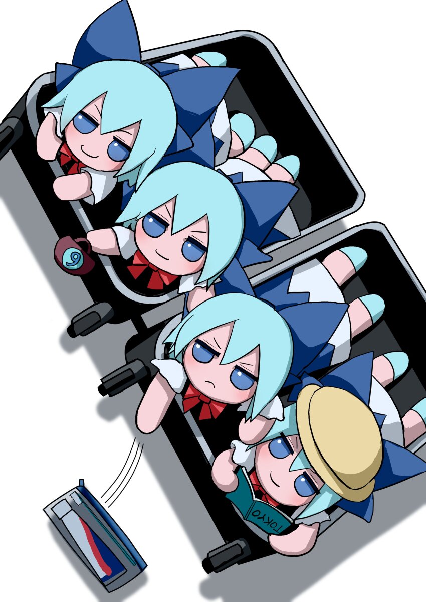 4girls, absurdres, bag, blue_bow, blue_dress, blue_eyes, blue_footwear, blue_hair, book, bottle, bow, cirno, dress, fumo_(doll), hair_bow, hat, highres, ice, ice_wings, mikan_(manmarumikan), multiple_girls, multiple_persona, neck_ribbon, pinafore_dress, red_ribbon, ribbon, short_hair, simple_background, sleeveless, sleeveless_dress, smile, suitcase, tokyo_(city), touhou, tourist_guide, white_background, wings