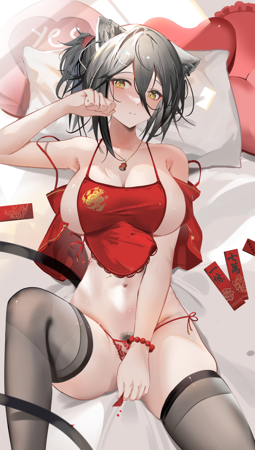 1girl, absurdres, animal_ears, arknights, bare_arms, bare_shoulders, black_thighhighs, blush