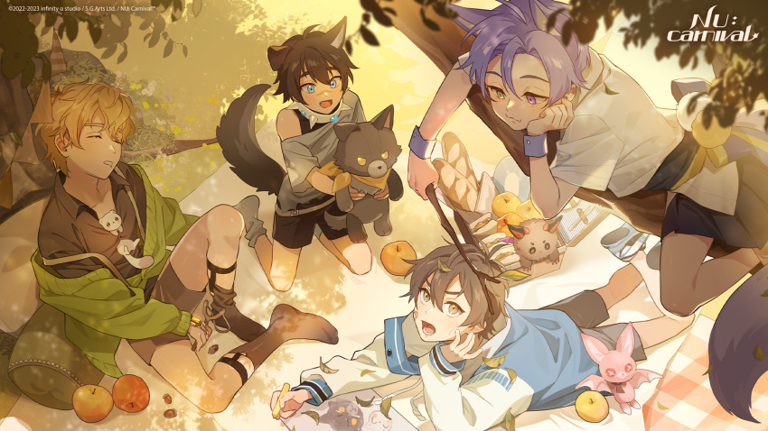 4boys, :d, aged_down, animal_ears, apple, artist_request, aster_(bat)_(nu_carnival), aster_(nu_carnival)