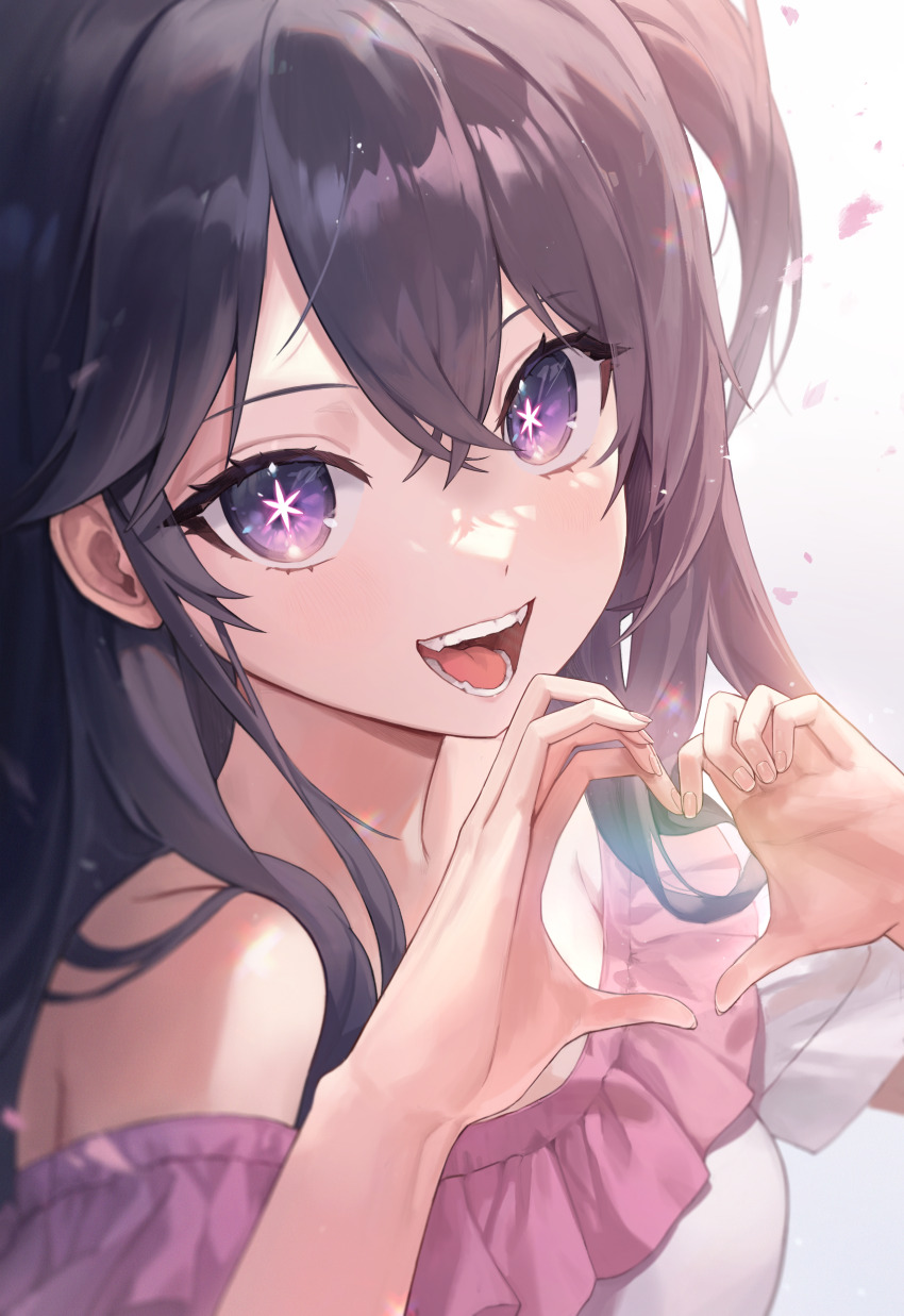 1girl, absurdres, black_hair, blush, breasts, falling_petals, ff_01, heart