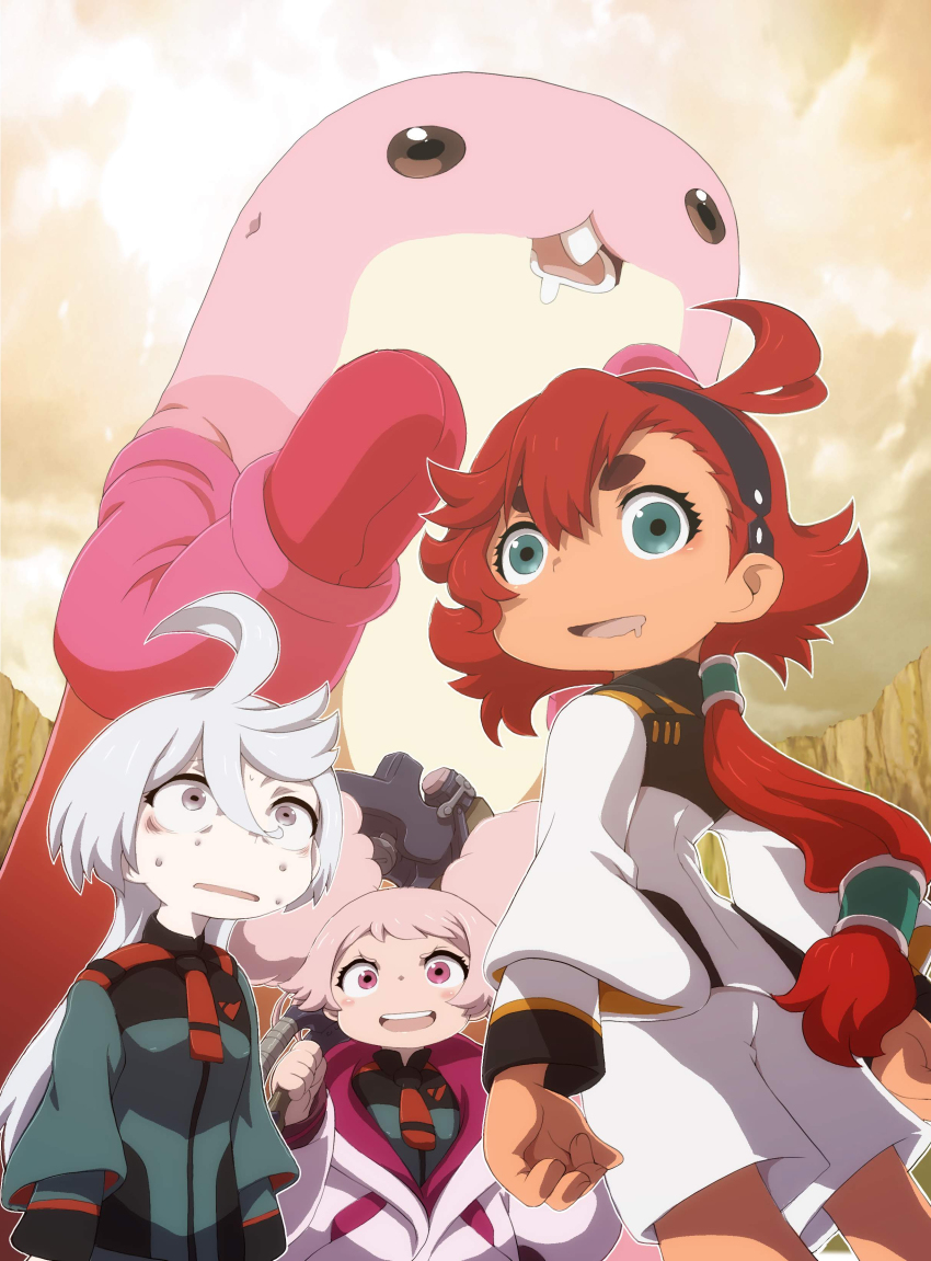 3girls, absurdres, afro_puffs, ahoge, asticassia_school_uniform, black_hairband, brown_eyes, chibi